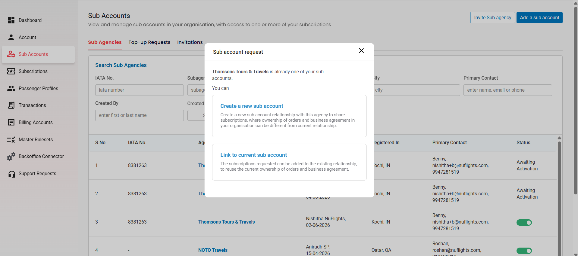 Sub Account Request Popup