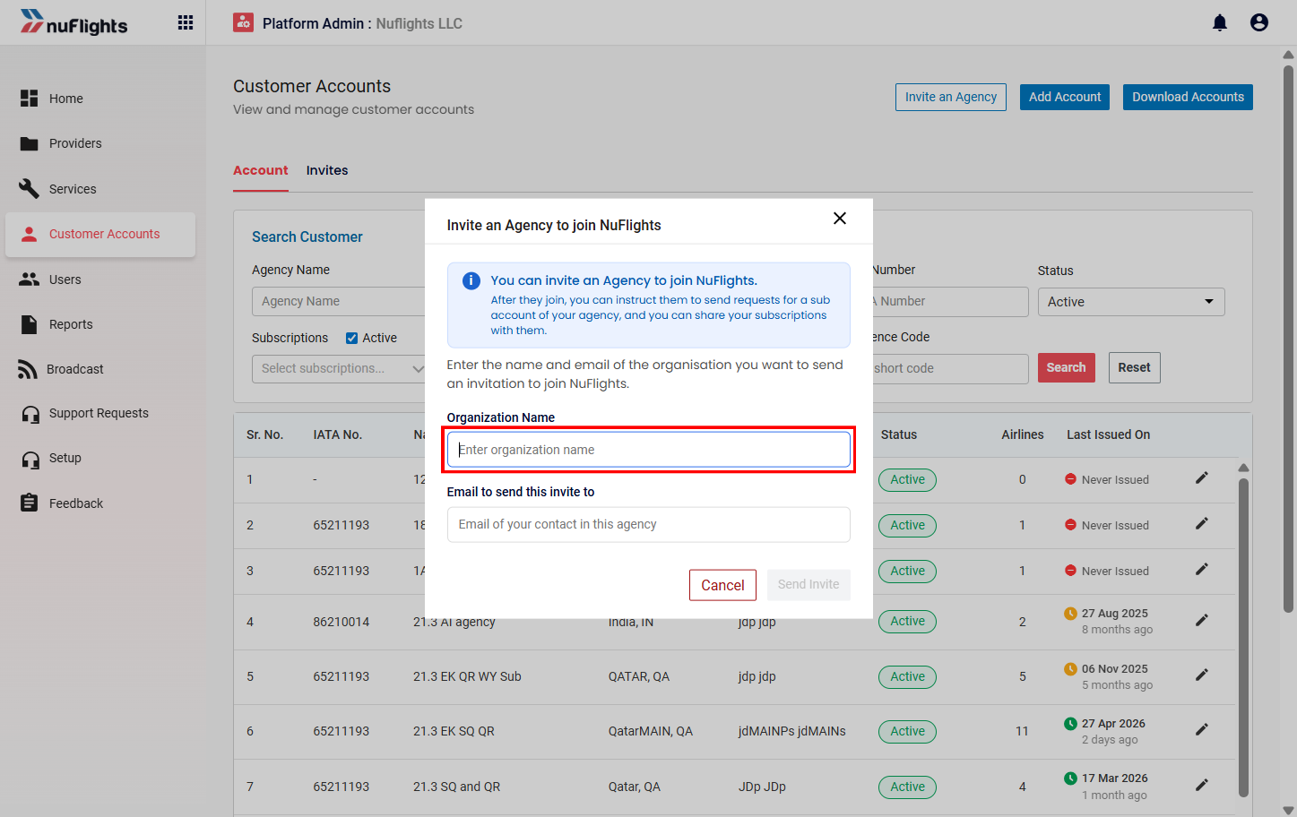 Customer Accounts page showing the Invite an Agency option