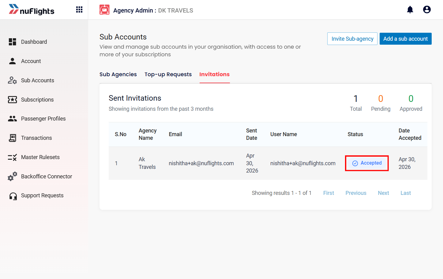 Sub-agency status showing as Pending Approval