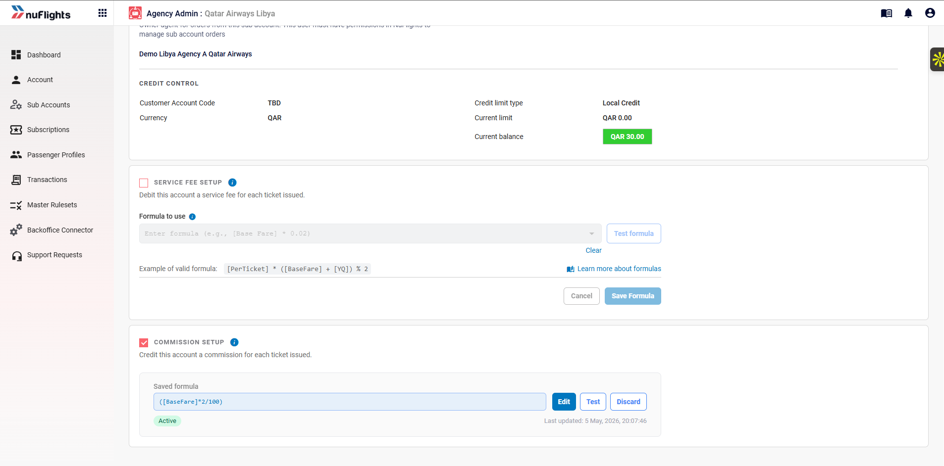 Sub agency Account tab showing both setup sections